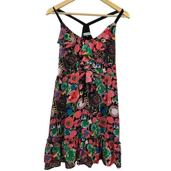 Karlie Women's Abstract Retro Multi Floral Ruffle Medium Racerback Flowy Dress - Picture 1 of 10